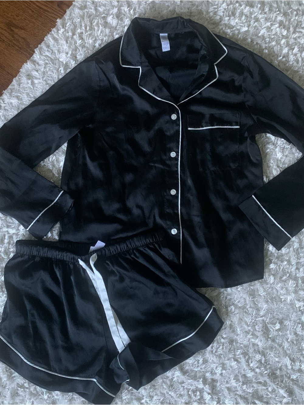 Stars Above Black Satin Pajama Set w White Piping Sz XS #sleepwear #lounge
